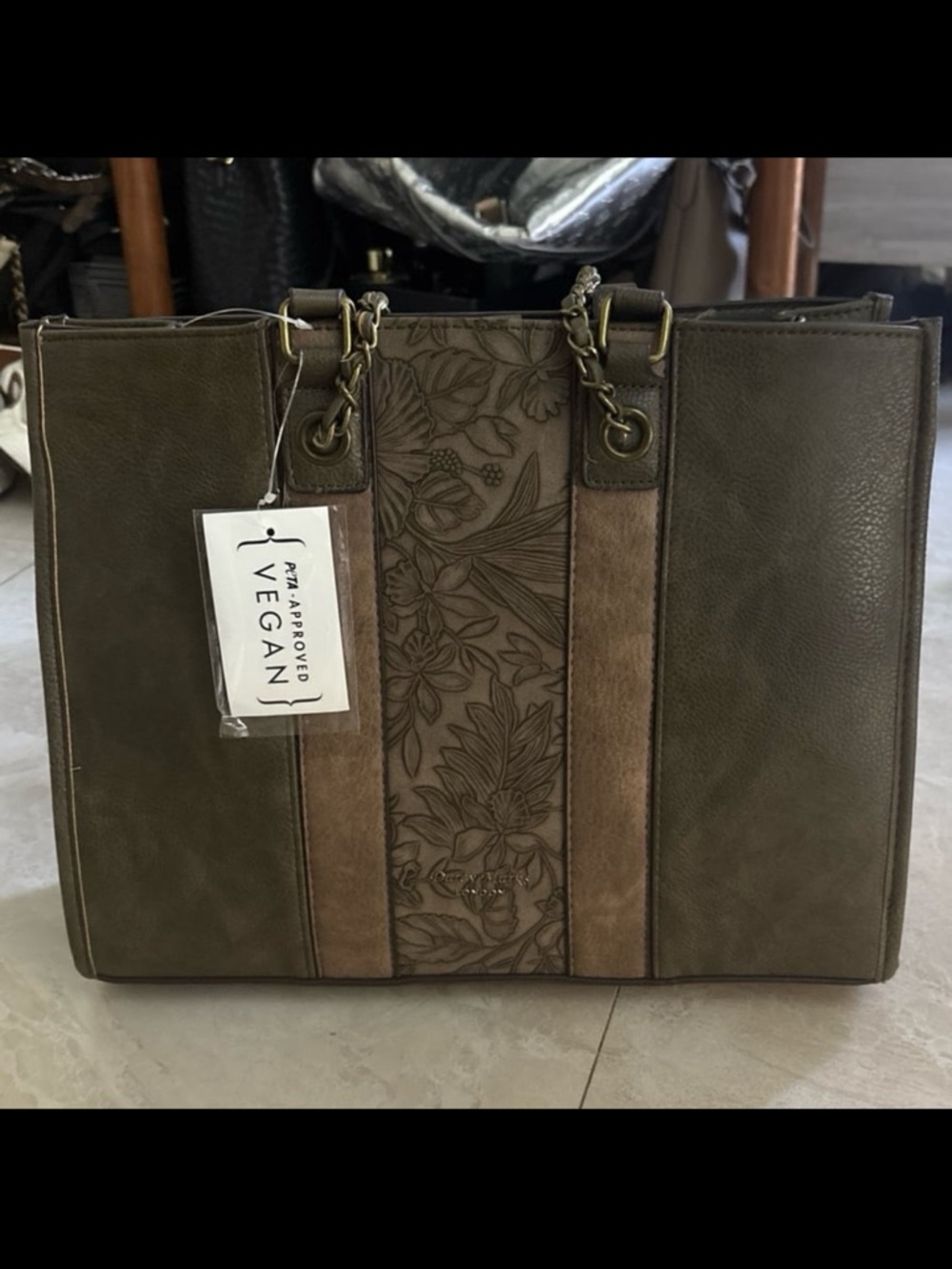 Vegan Floral-Embossed Tote Bag in Olive and Taupe